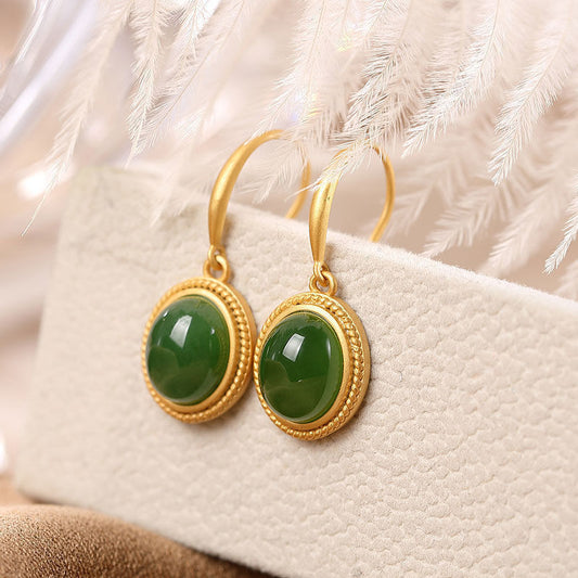 Natural Hetian jade green oval earrings exquisite