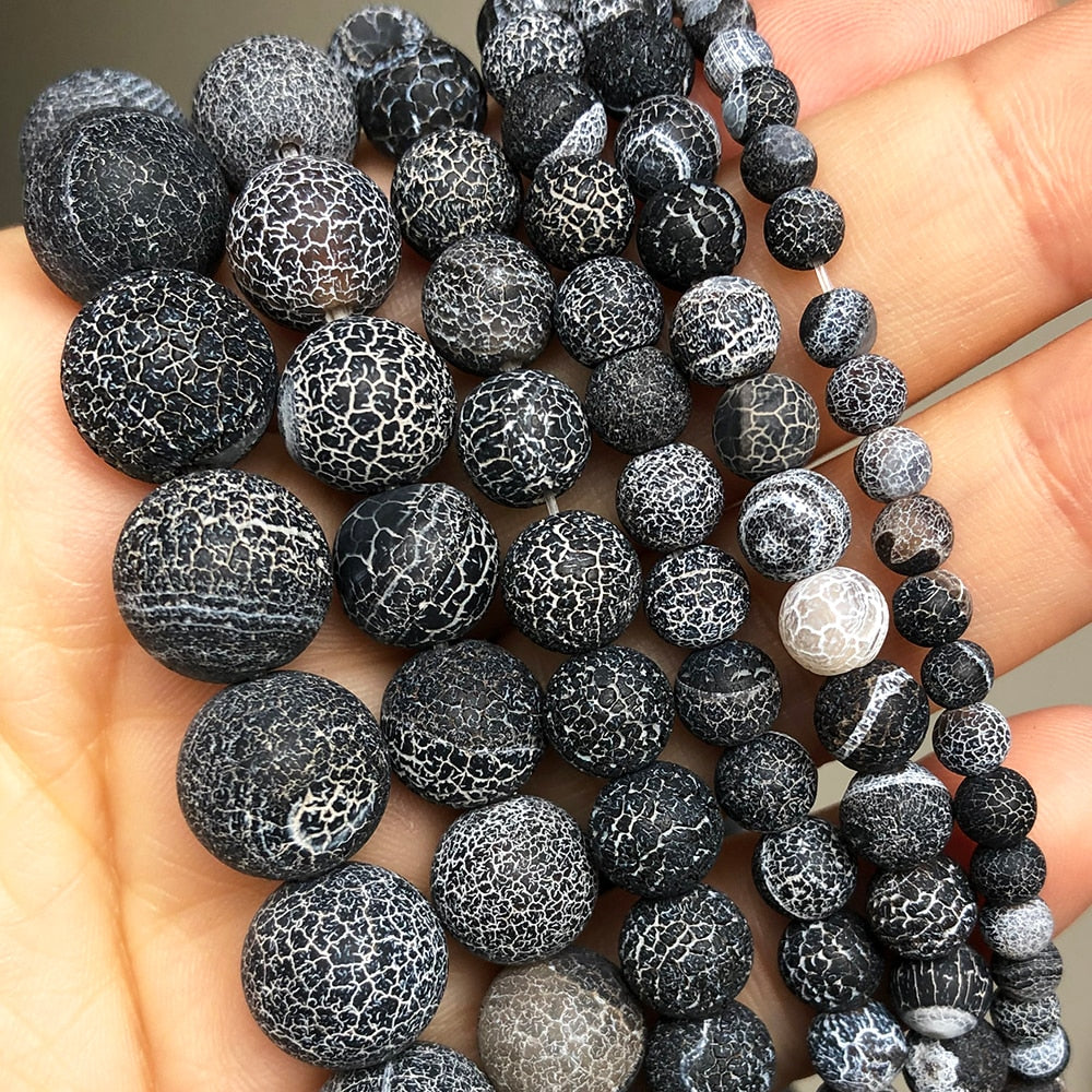 Round Frost Cracked Black Crab Agates Beads