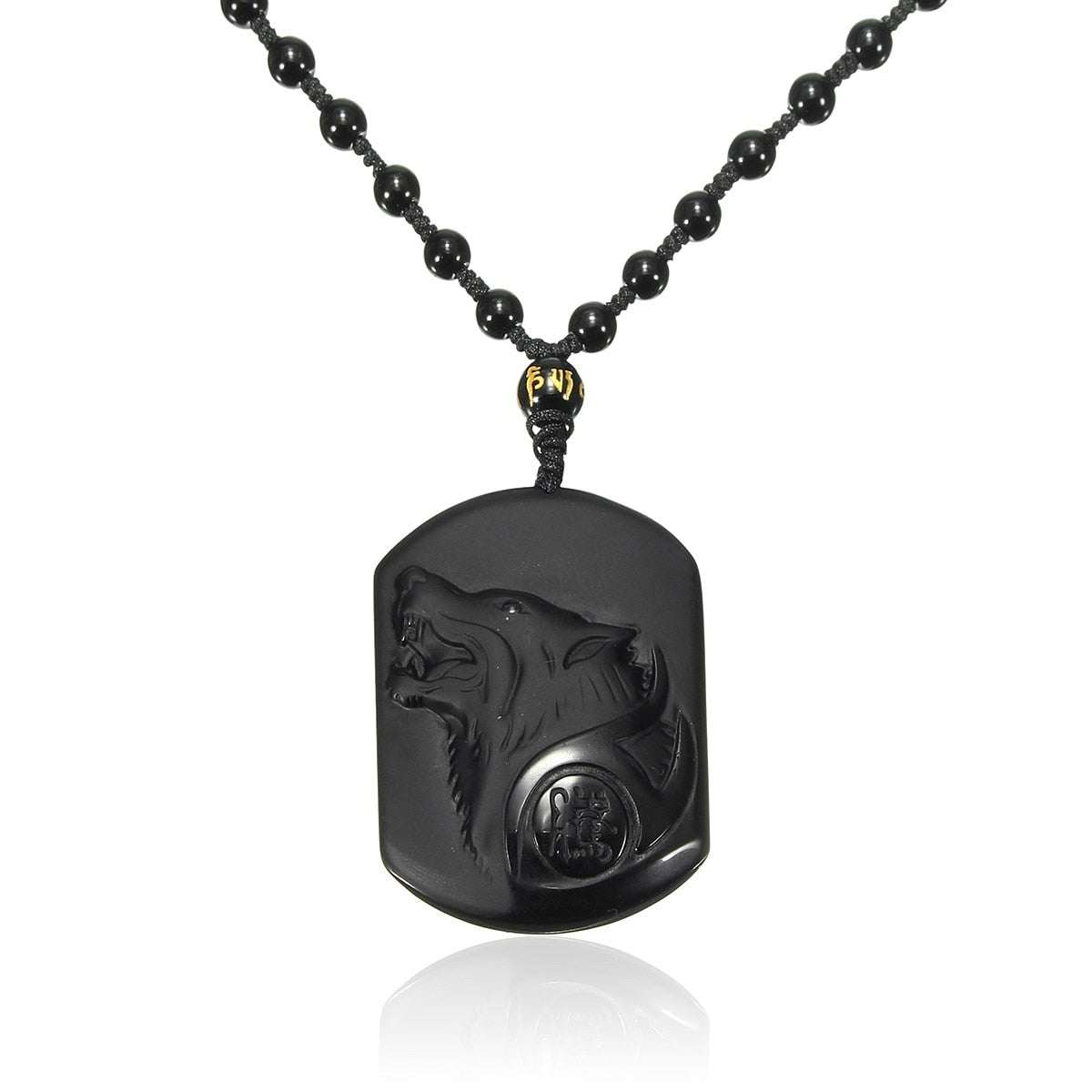 Black Obsidian Carving Wolf Head Amulet Necklace