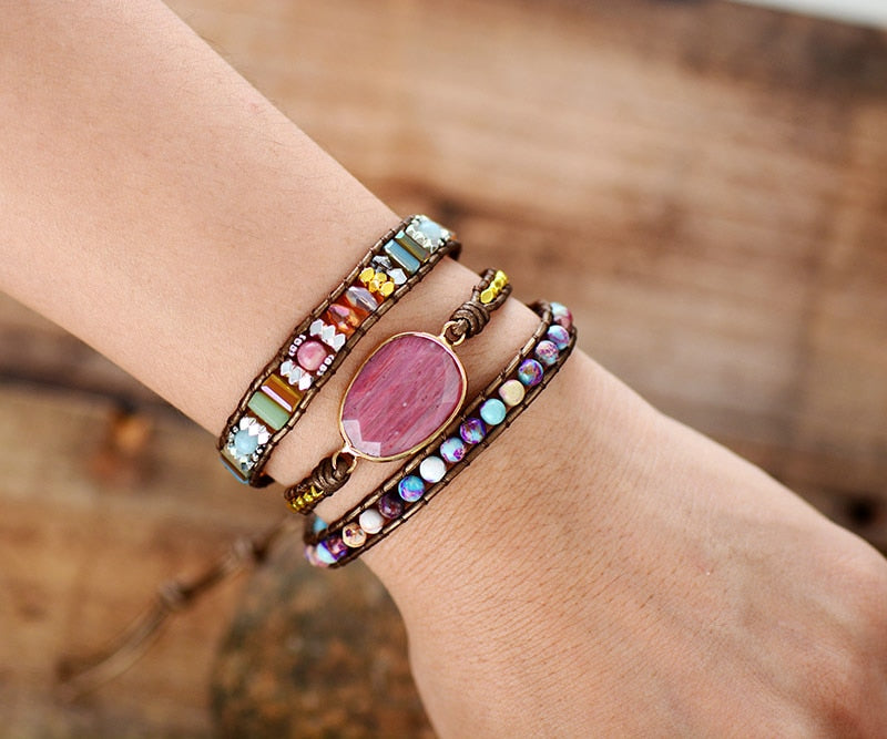 Leather Wrap Bracelet W/ Stones Multi Color Beads
