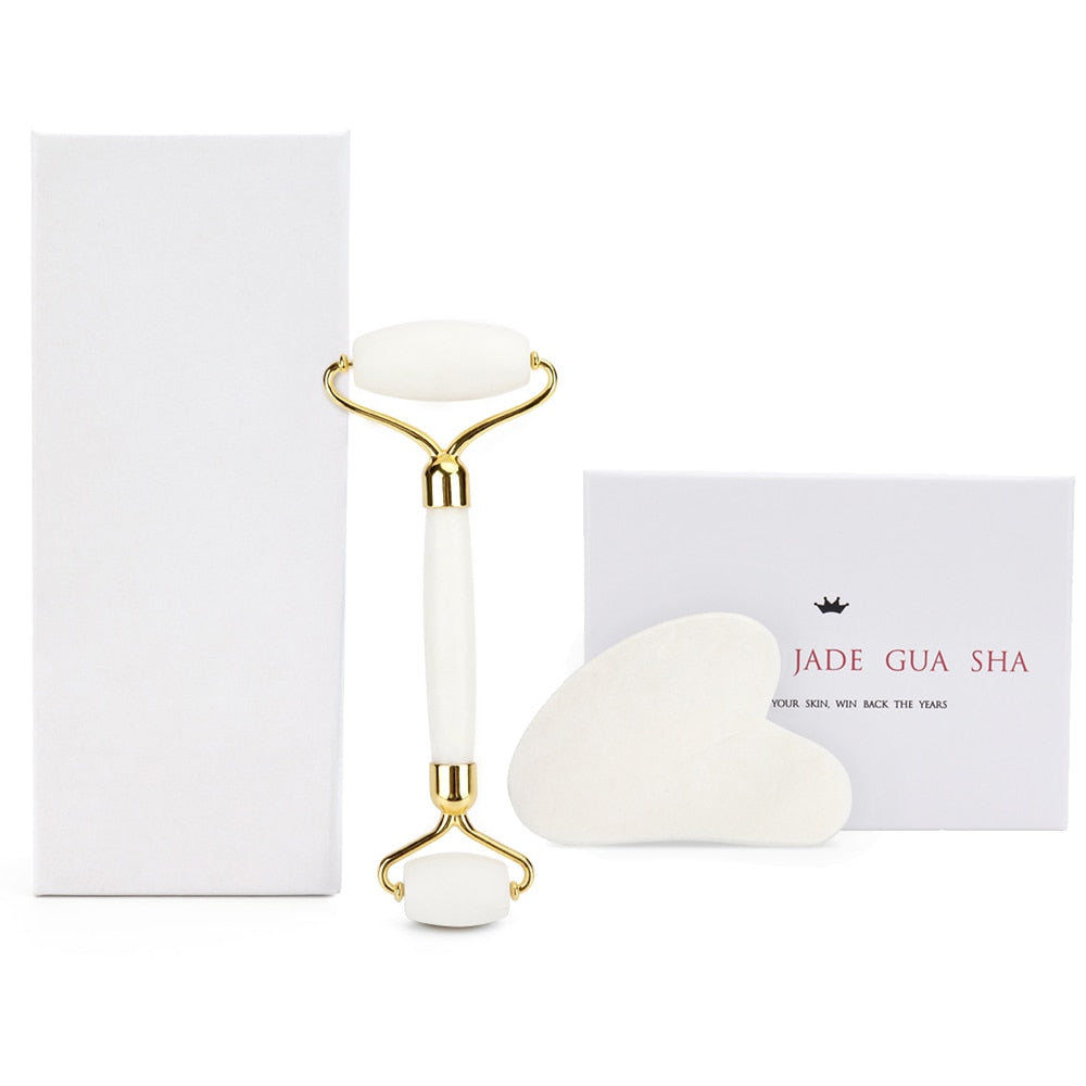 White Jade Roller Gua Sha Set Massage Tool White
