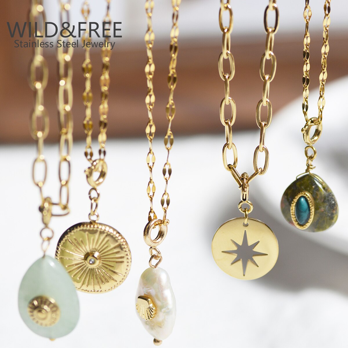 Star & Eye Natural Stone Charm Necklaces