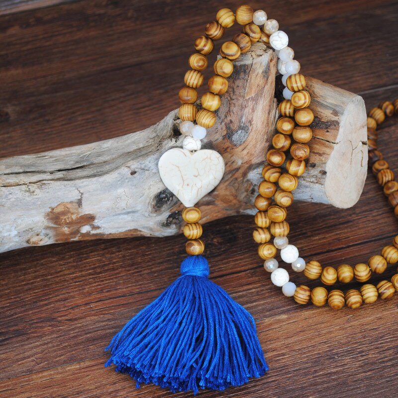 Bohemian Necklace Handmade Stones Tassels Wood