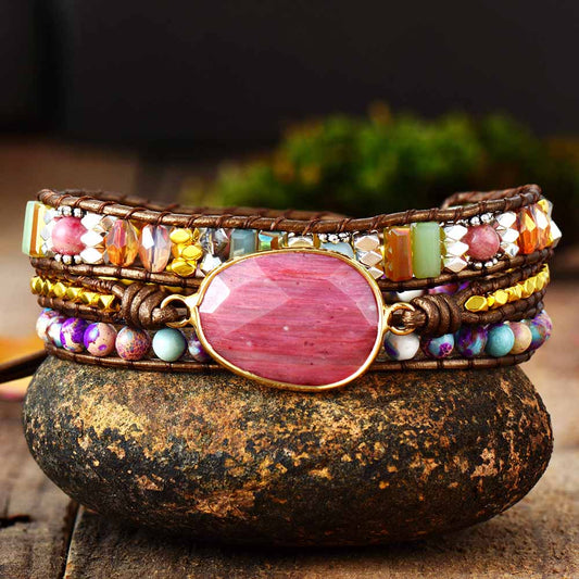 Leather Wrap Bracelet W/ Stones Multi Color Beads