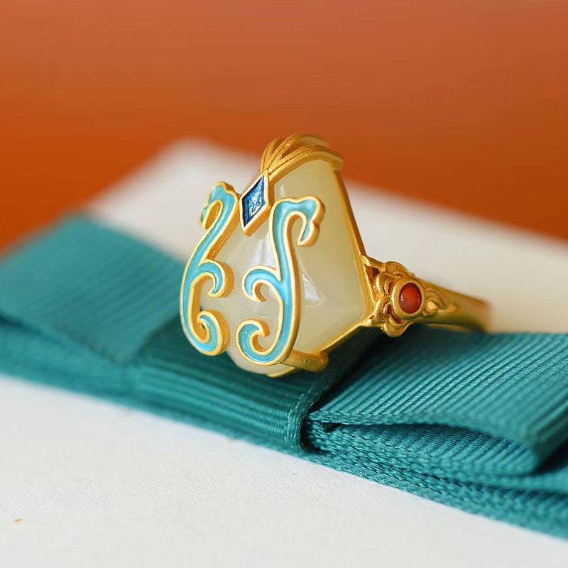 New silver retro enamel ring inlaid with Hetian jade