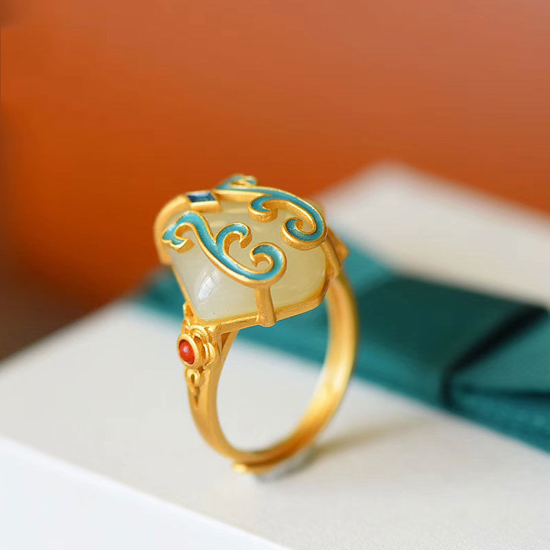 New silver retro enamel ring inlaid with Hetian jade