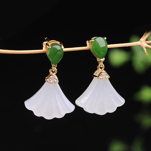 Silver inlaid natural Hetian white jade fan Earrings