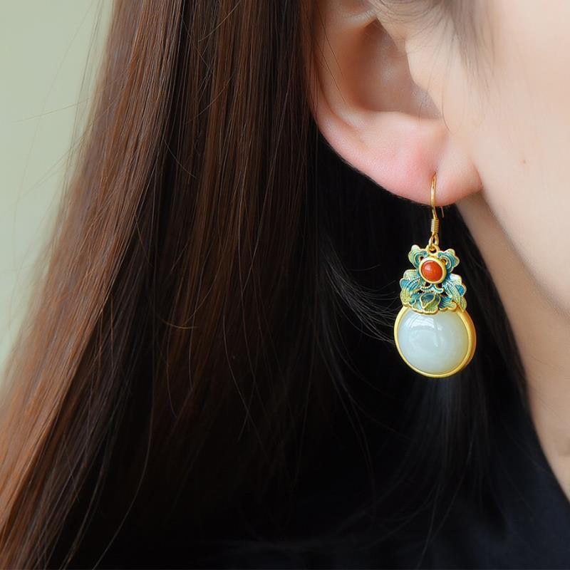 Natural Hetian  jade enamel porcelain Earrings