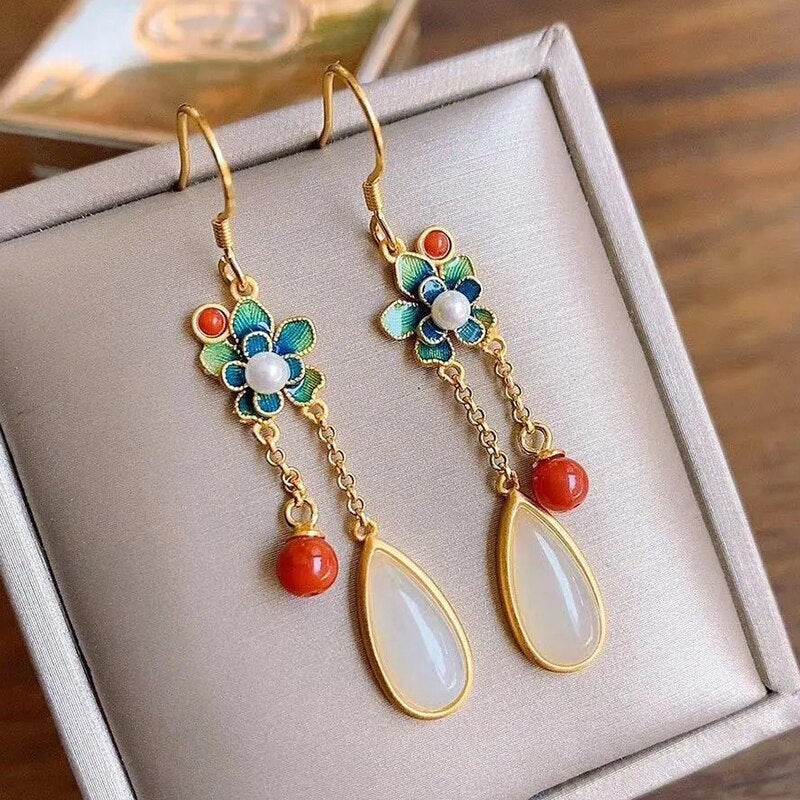 Natural Hetian  jade enamel porcelain Earrings