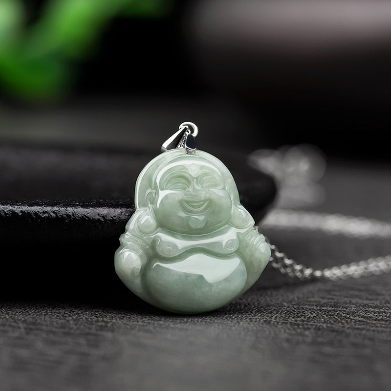 Natural Handcarve Jade Light Green Little Buddha Necklace