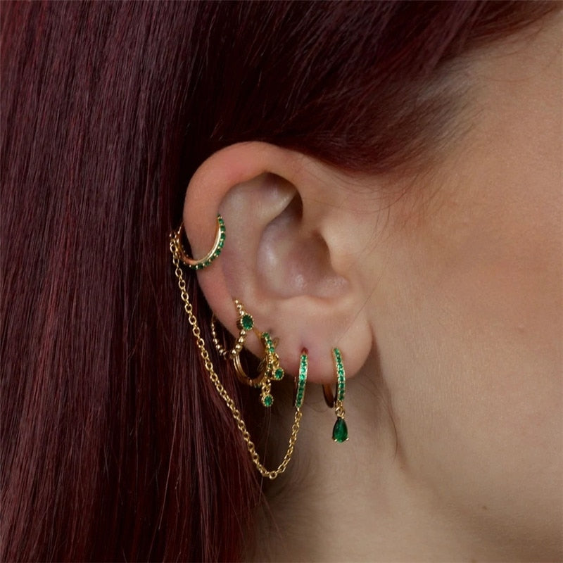 4Pcs Set Jade Green Earrings Silver
