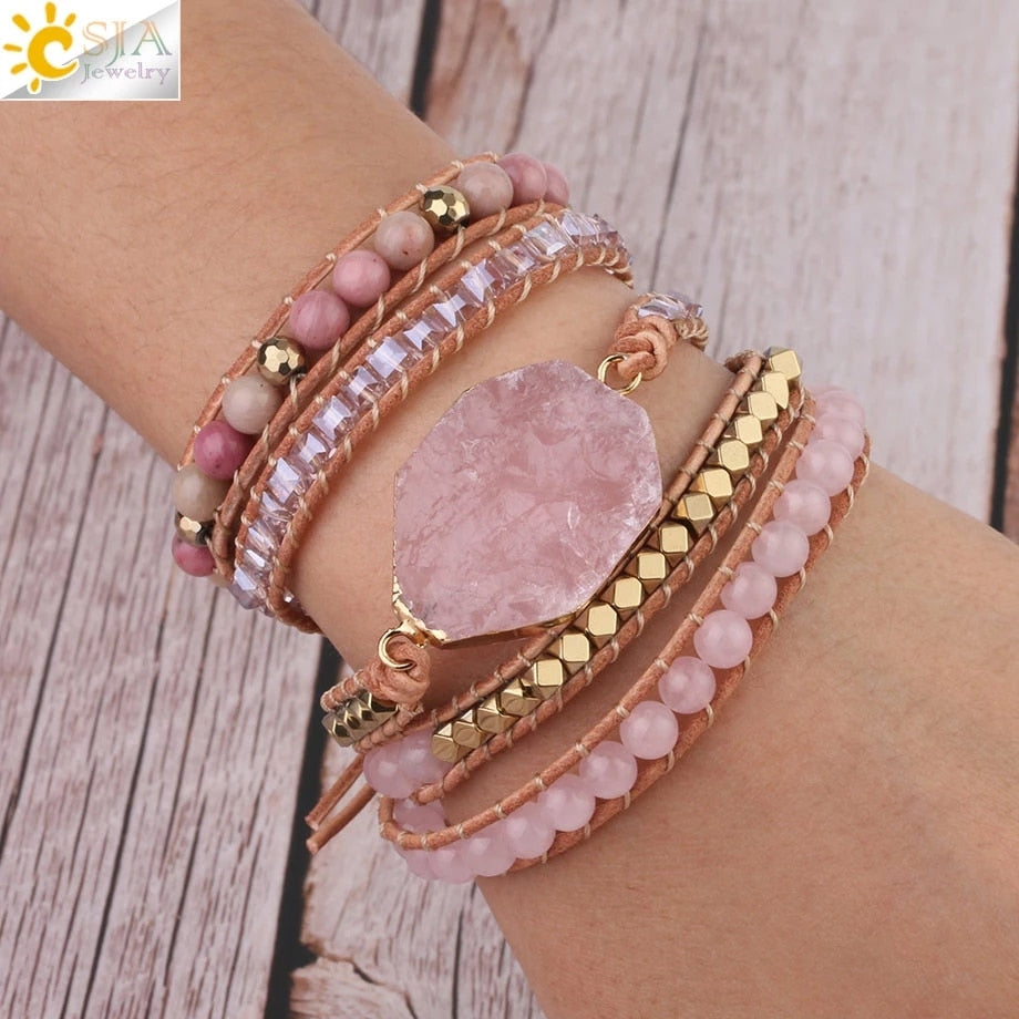 Natural Stone Bracelet Pink Quartz Leather Wrap