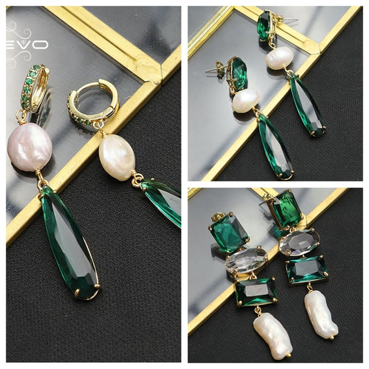 Shining Emerald Crystal Baroque Pearls Chain Drop Earrings