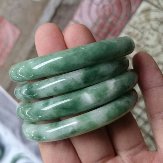 Natural Jadeite Color Hand Carved Round Jade Bracelet