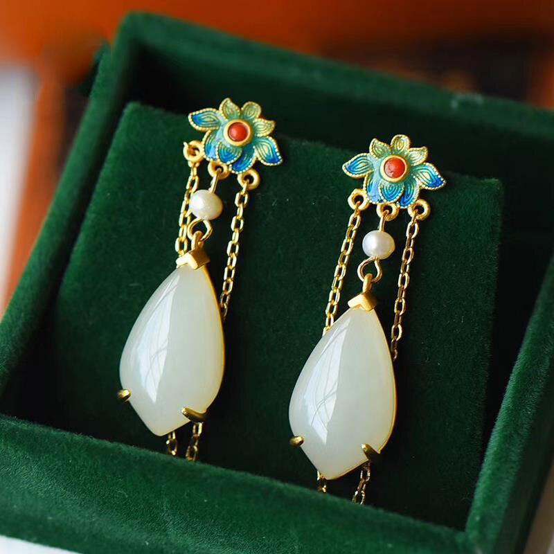 Natural Hetian  jade enamel porcelain Earrings