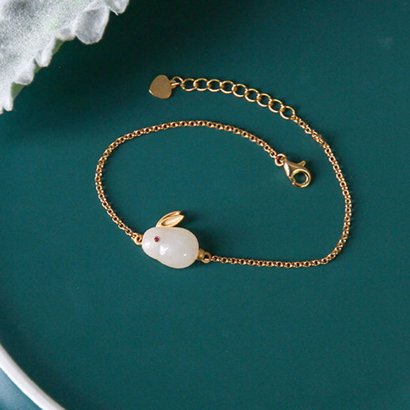 Hetian jade rabbit adjustable ring earrings bracelet set