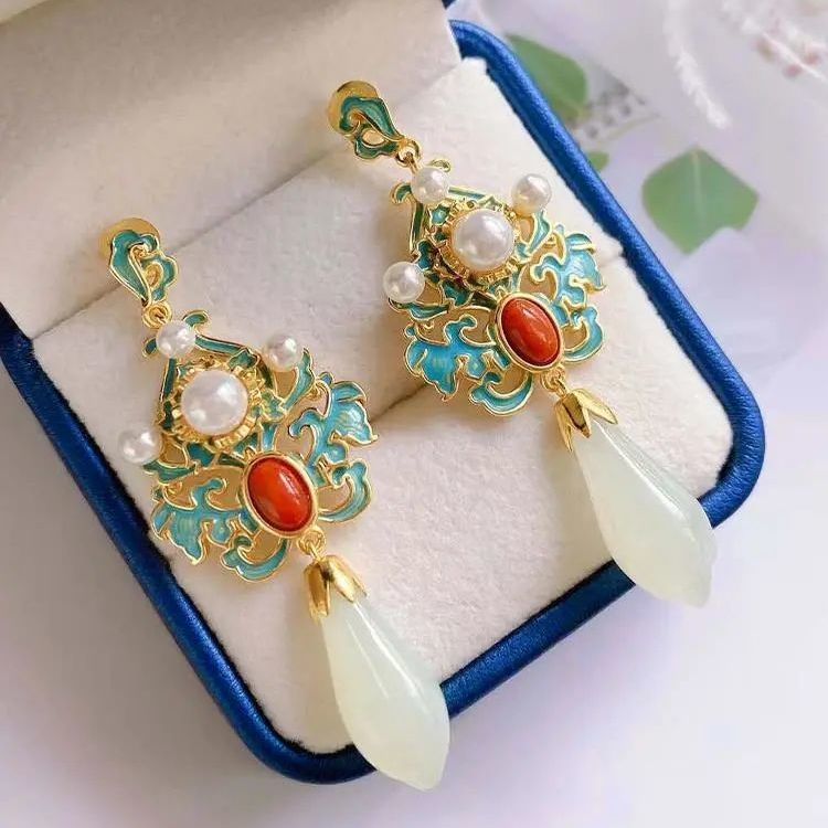 Natural Hetian  jade enamel porcelain Earrings