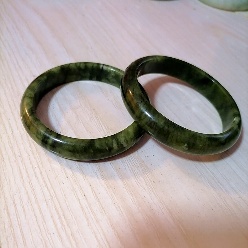Natural Green White Hand Carved Wide Jade Bracelet