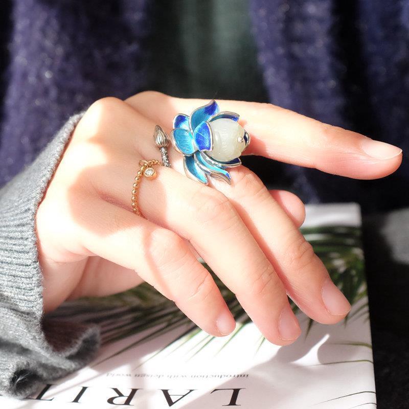 Hetian  jade enamel porcelain lotus canopy open ring