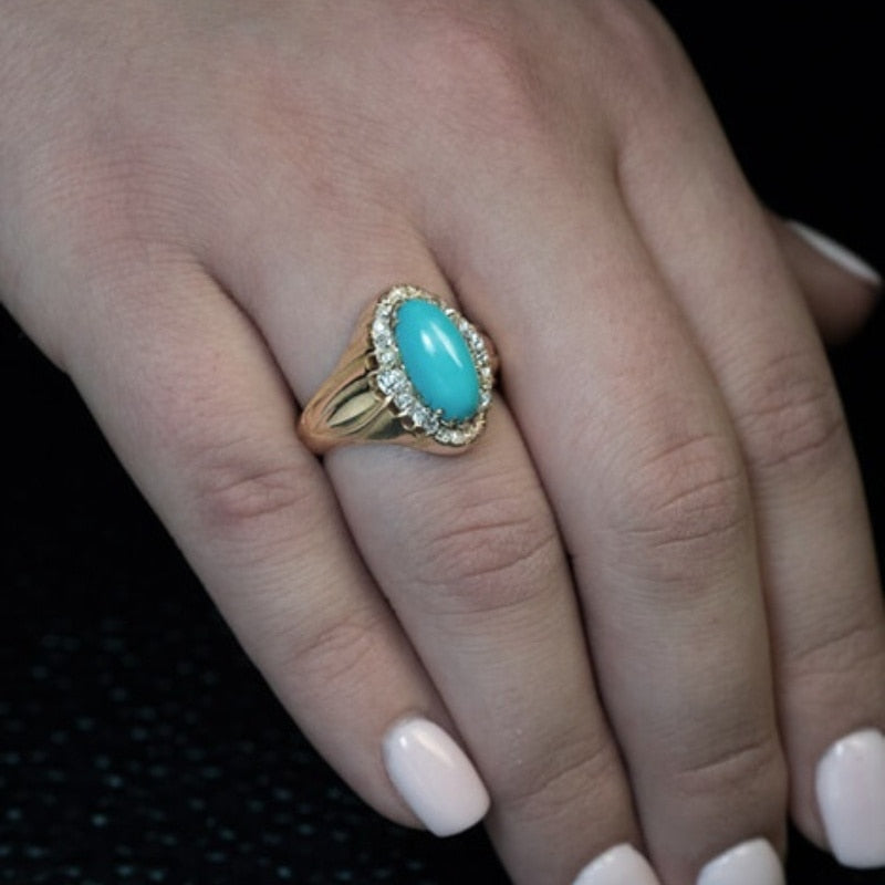 Noble Elegant Woman Natural Blue Turquoise Diamond Ring