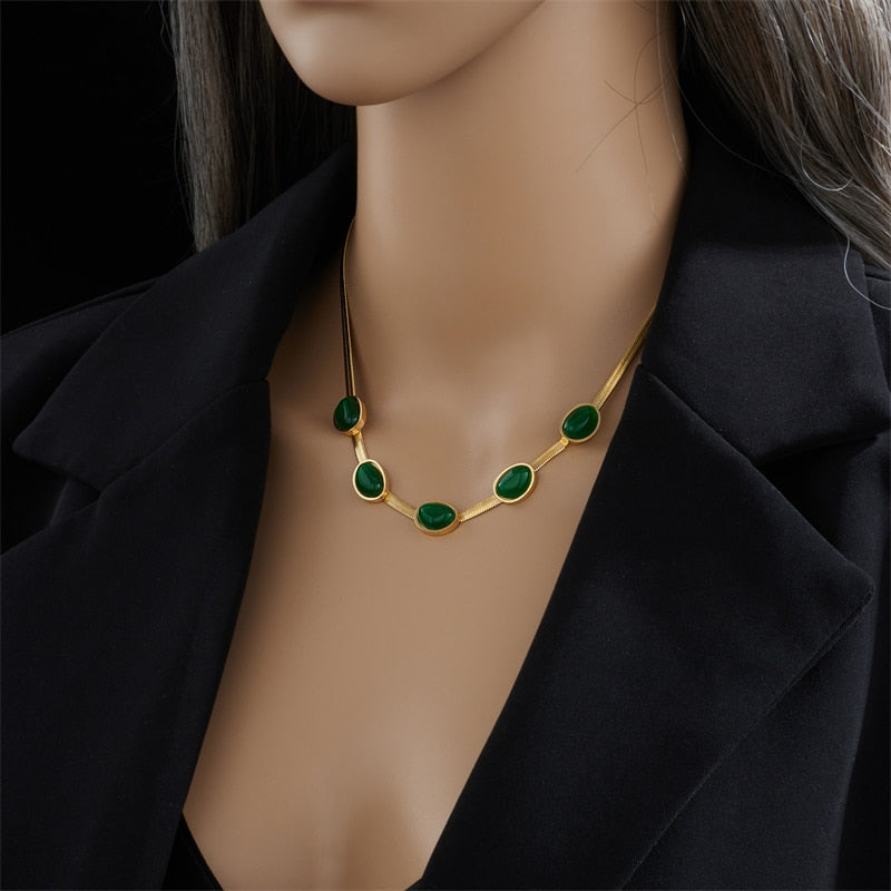 Green Stone Jade Snake Chain Collar Necklaces