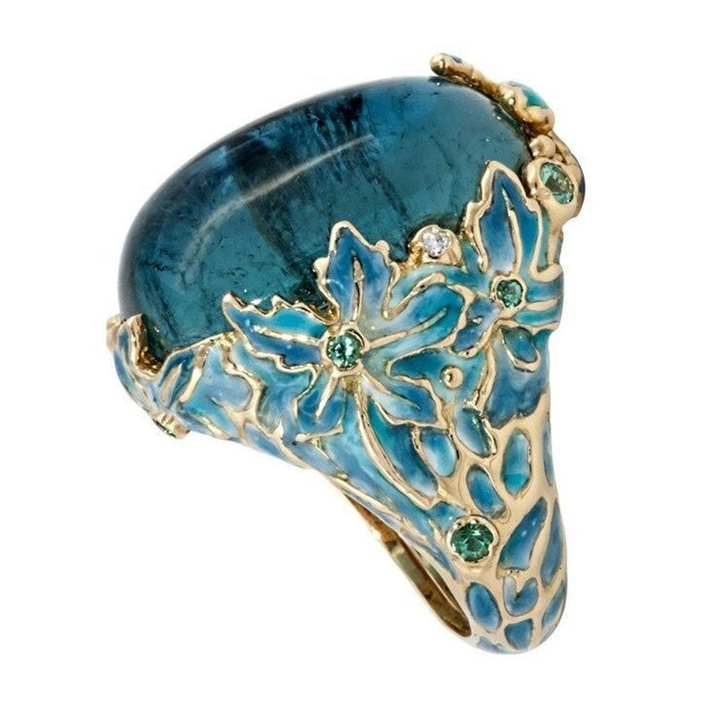 Elegant Women Fashion Gold Color Carving Enamel Flower Rings