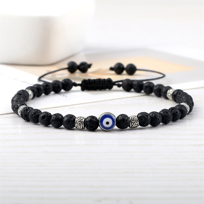 Evil Eye Bracelet Natural Black Matte Lava Stone Beads