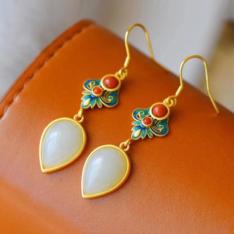 Natural Hetian  jade enamel porcelain Earrings