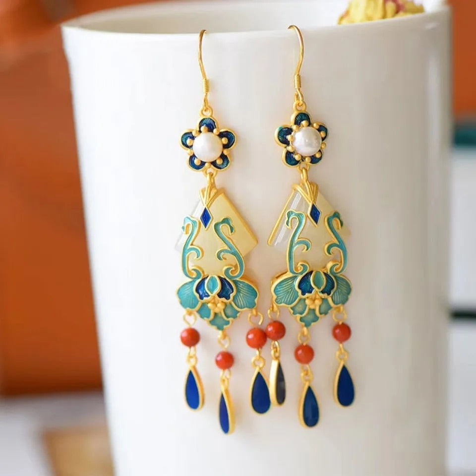 Natural Hetian  jade enamel porcelain Earrings