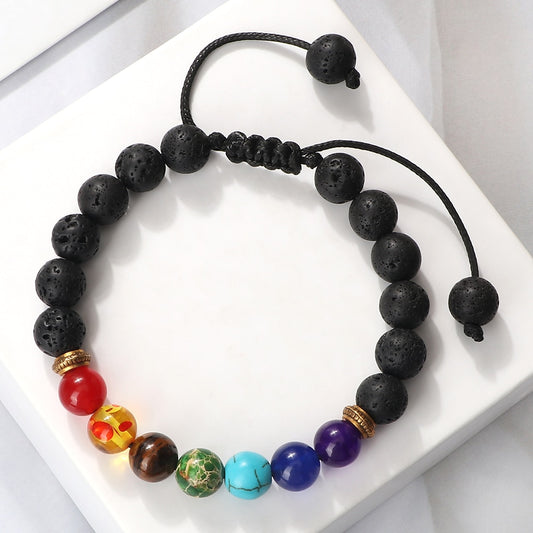 7 Chakra Bracelet Men Black Lava Tiger Eye Stones