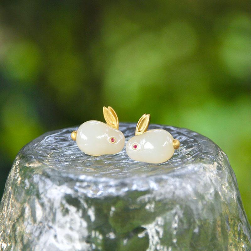 Hetian jade rabbit adjustable ring earrings bracelet set