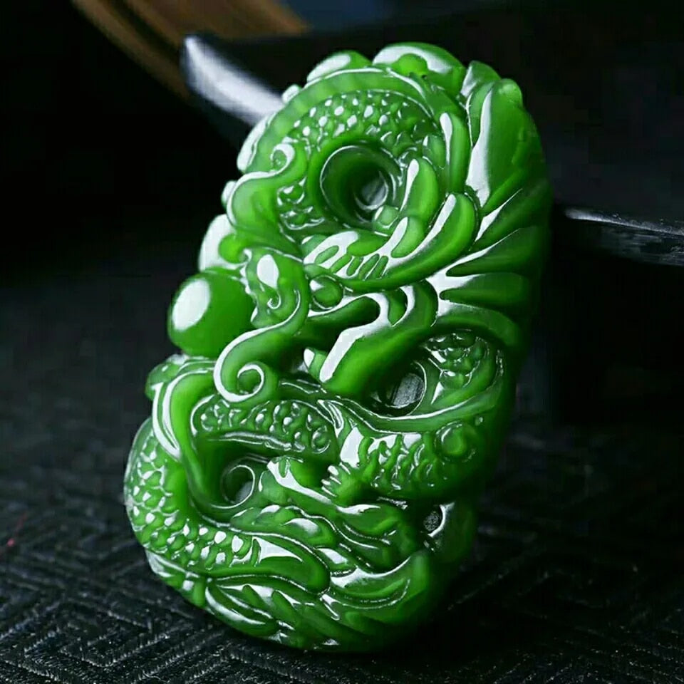 Natural Green Hetian Jade Stone Dragon Pendant