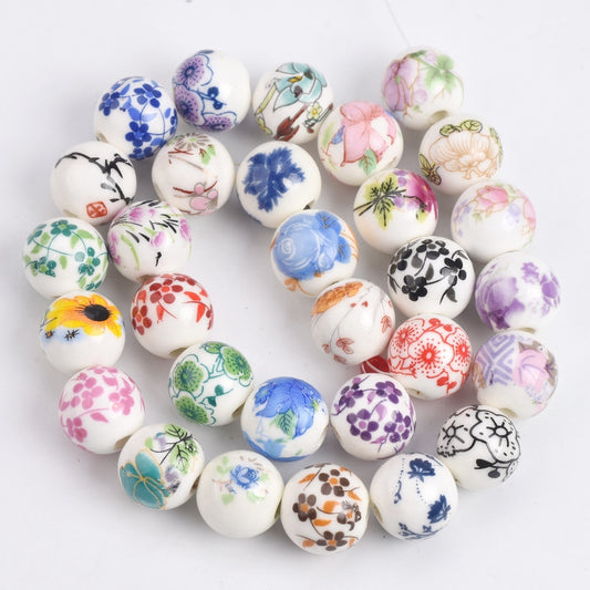 Flower Patterns Round Ceramic Porcelain Loose Spacer