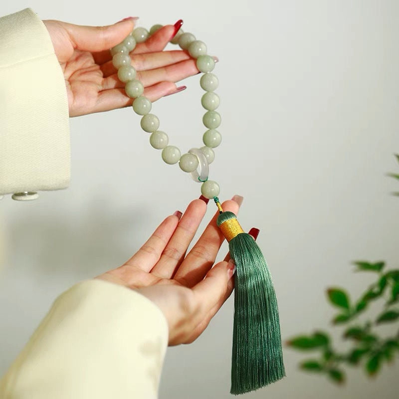 Green Jade Stone 12mm Beads Tassel Bracelet Necklace