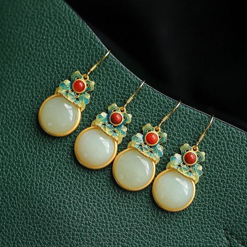 Natural Hetian  jade enamel porcelain Earrings