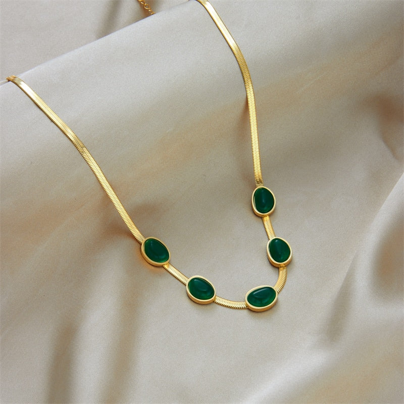 Green Stone Jade Snake Chain Collar Necklaces