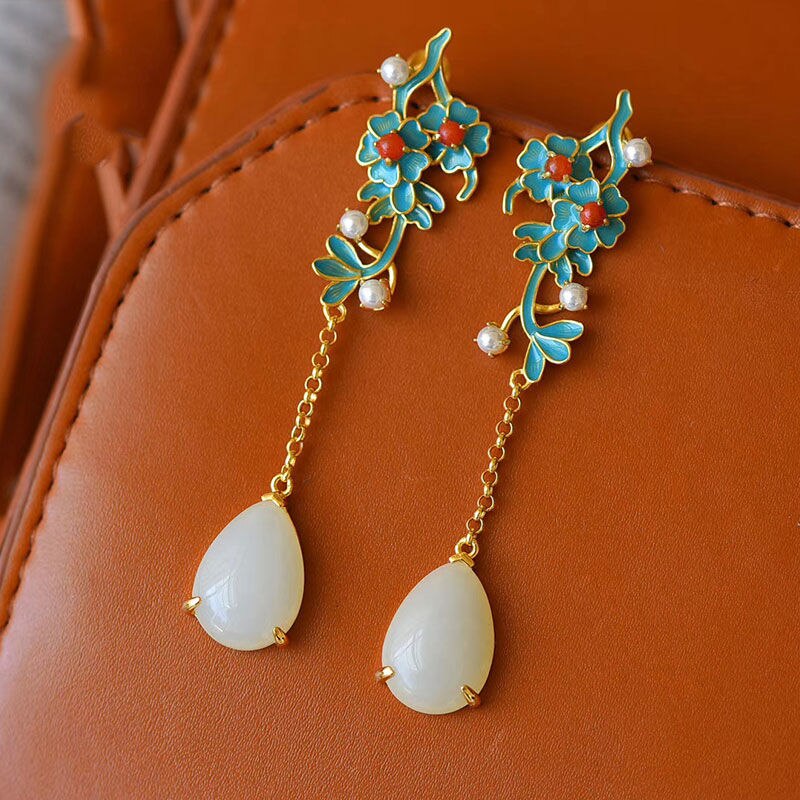 Natural Hetian  jade enamel porcelain Earrings