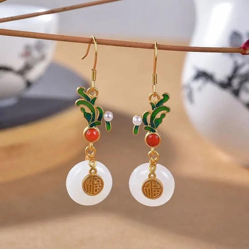 Natural Hetian  jade enamel porcelain Earrings