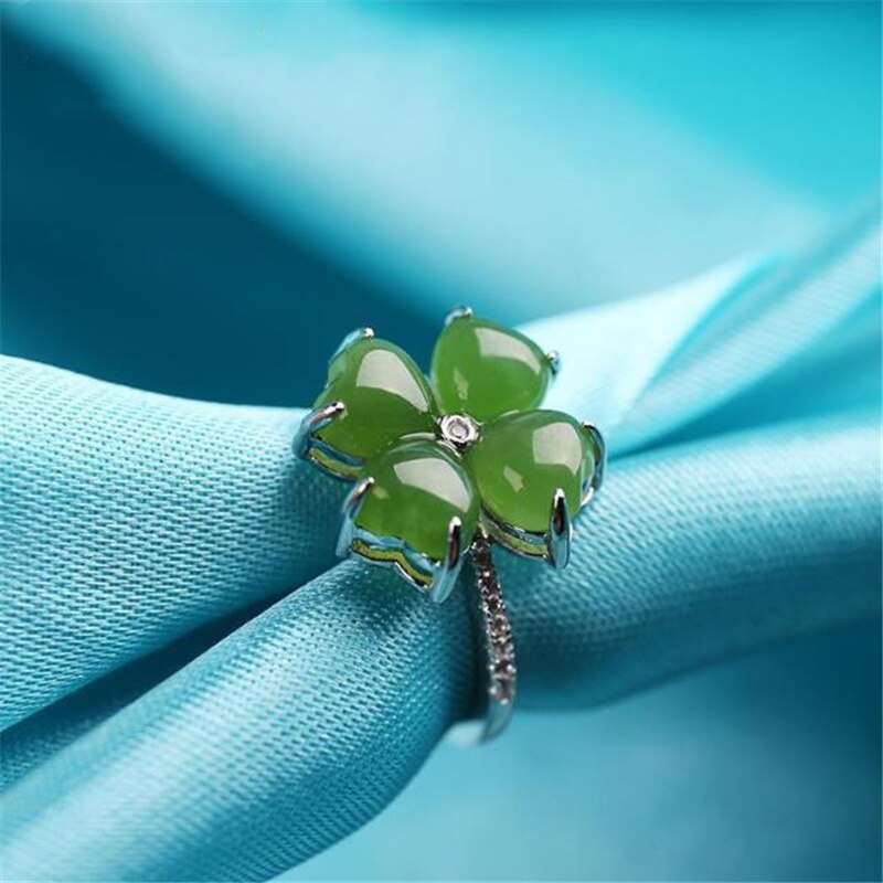 Classic Jade Green Clover Ring For Lady Anniversary