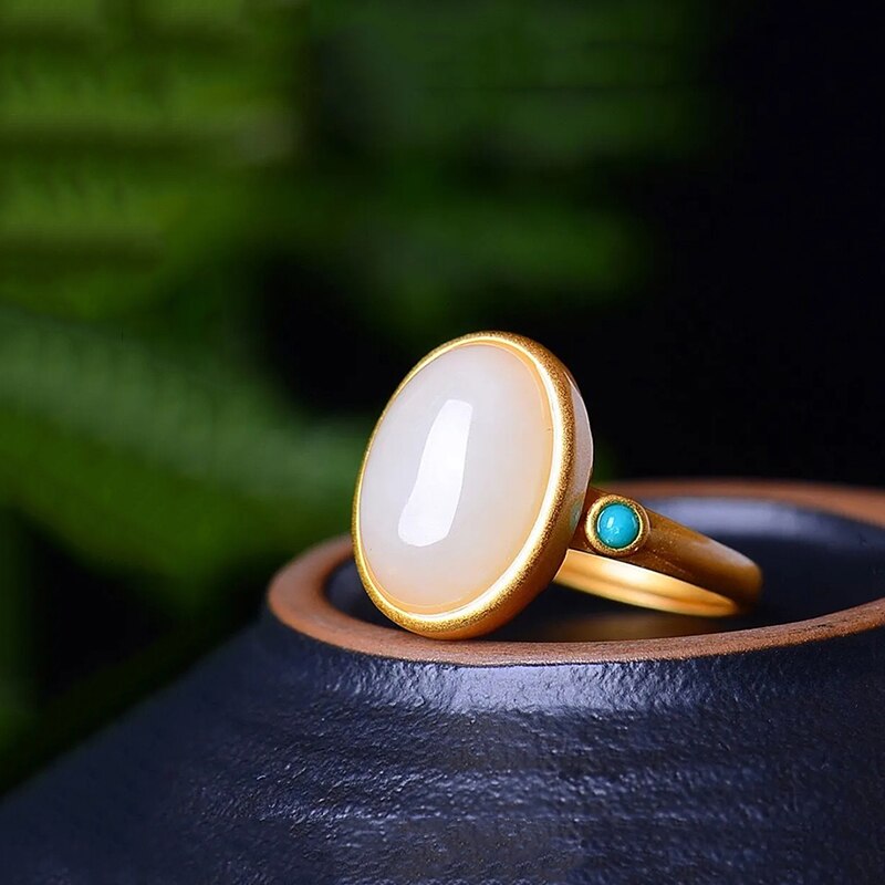 Natural Hetian Jade Green Oval Adjustable Ring