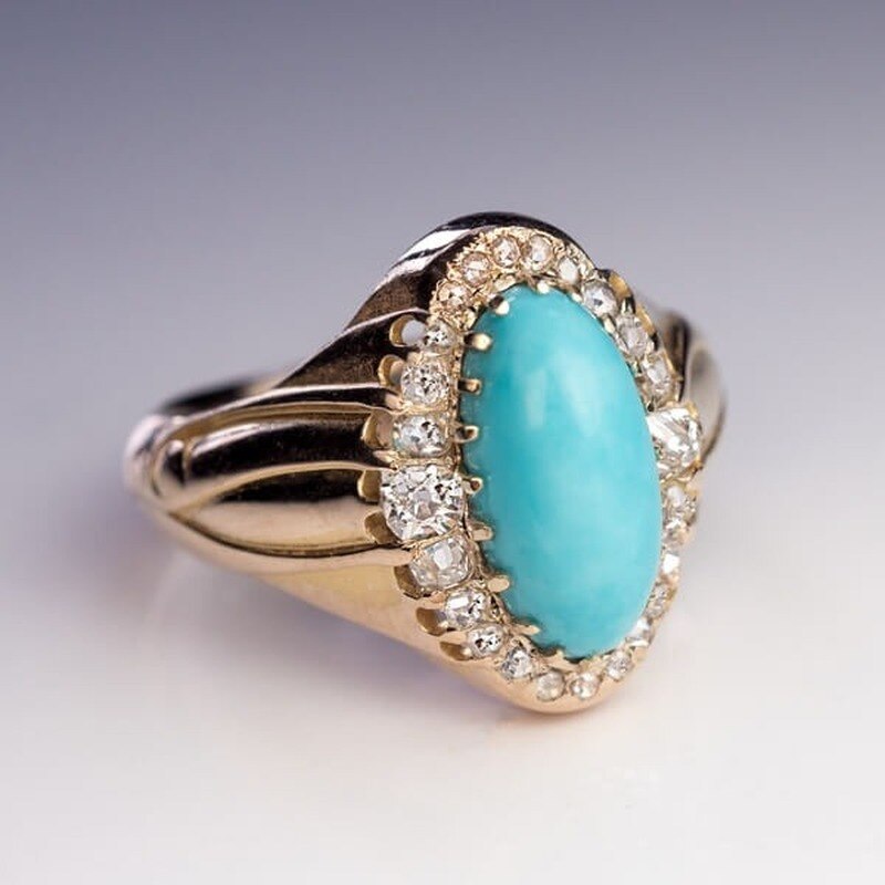 Noble Elegant Woman Natural Blue Turquoise Diamond Ring