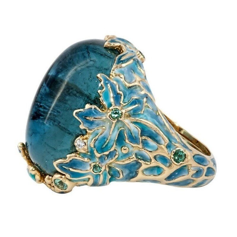 Elegant Women Fashion Gold Color Carving Enamel Flower Rings