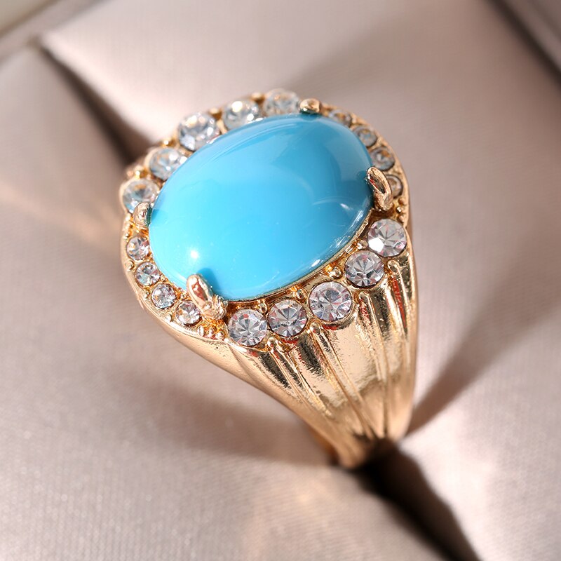 Noble Elegant Woman Natural Blue Turquoise Diamond Ring