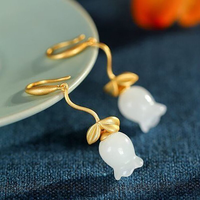 Hetian jade magnolia plant exquisite earrings