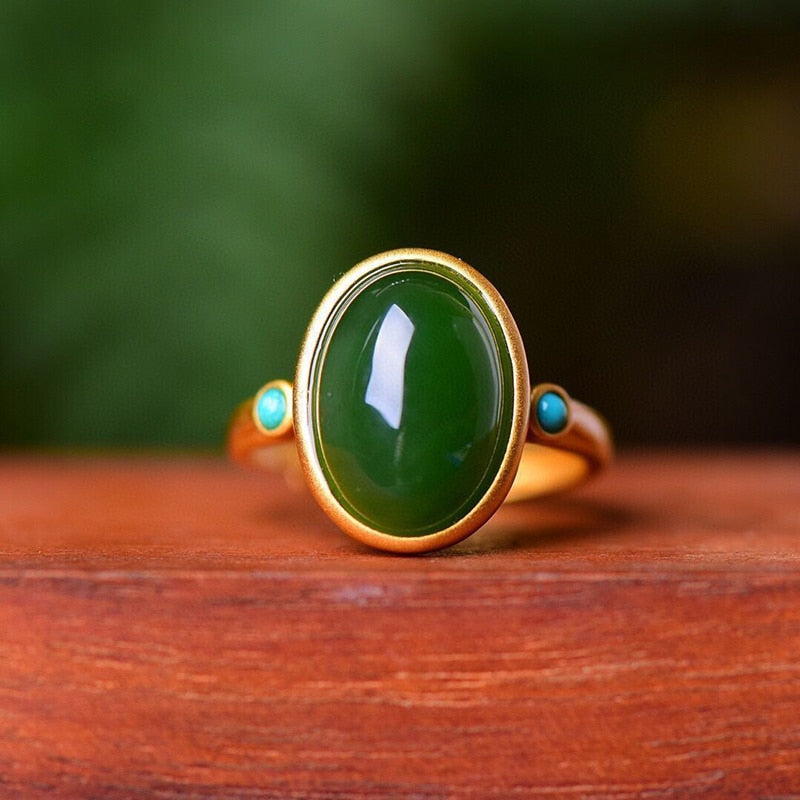 Natural Hetian Jade Green Oval Adjustable Ring