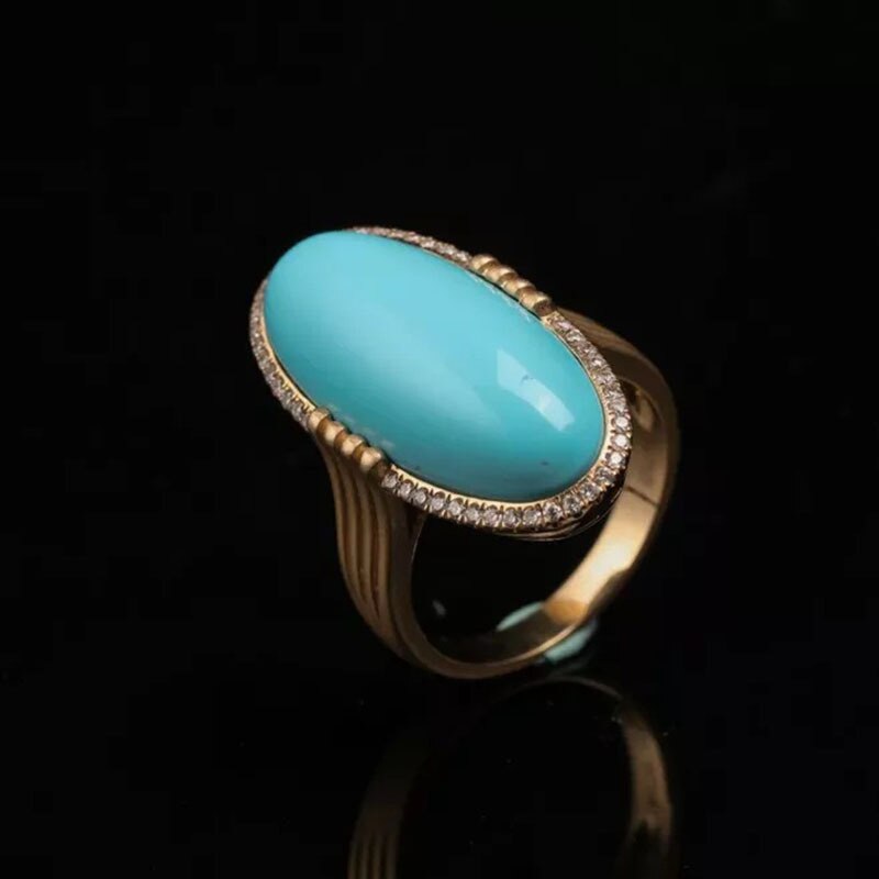 Noble Elegant Woman Natural Blue Turquoise Diamond Ring