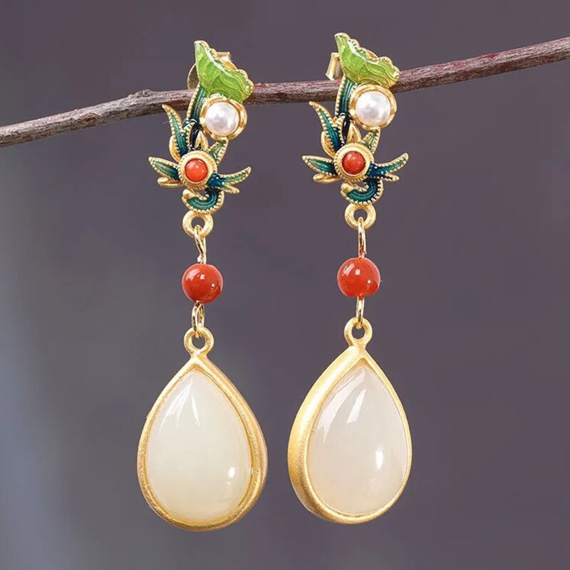 Natural Hetian  jade enamel porcelain Earrings