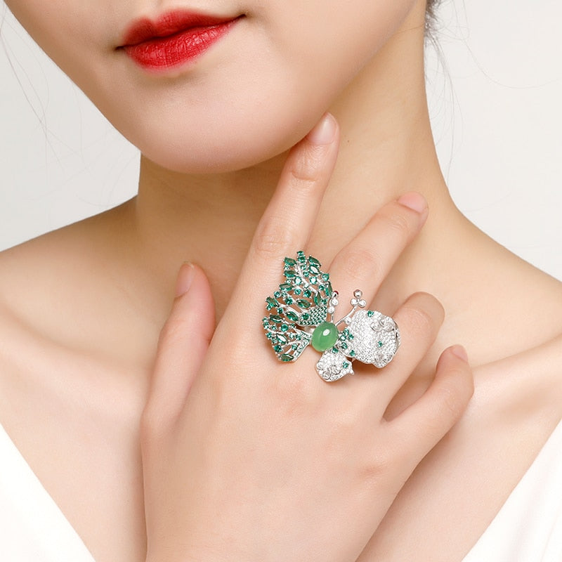 Rings Women Butterfly Green Crystal Stone Gem