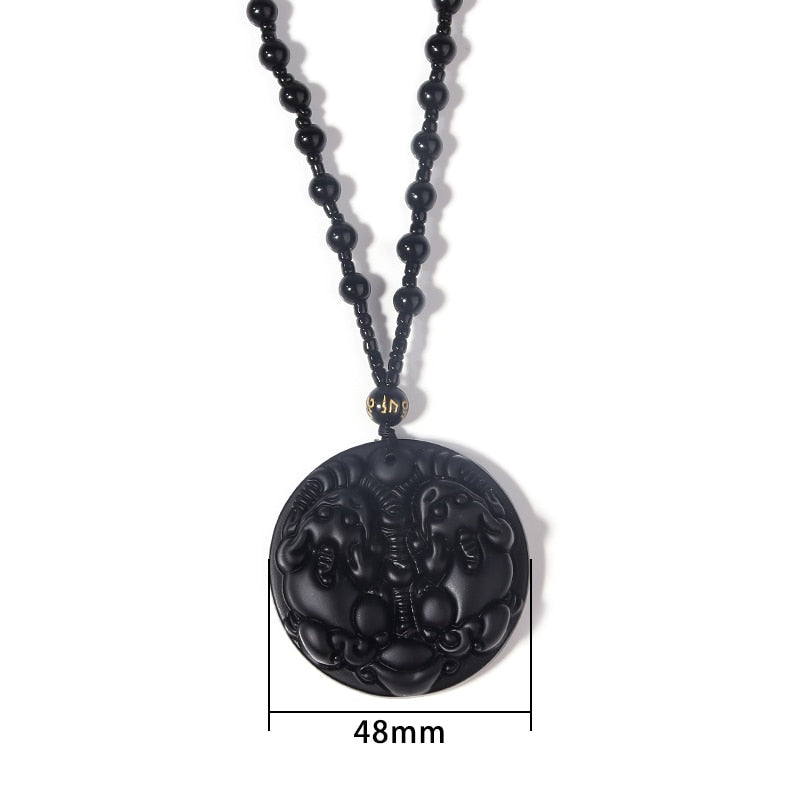 Black Obsidian Carving Wolf Head Amulet Necklace