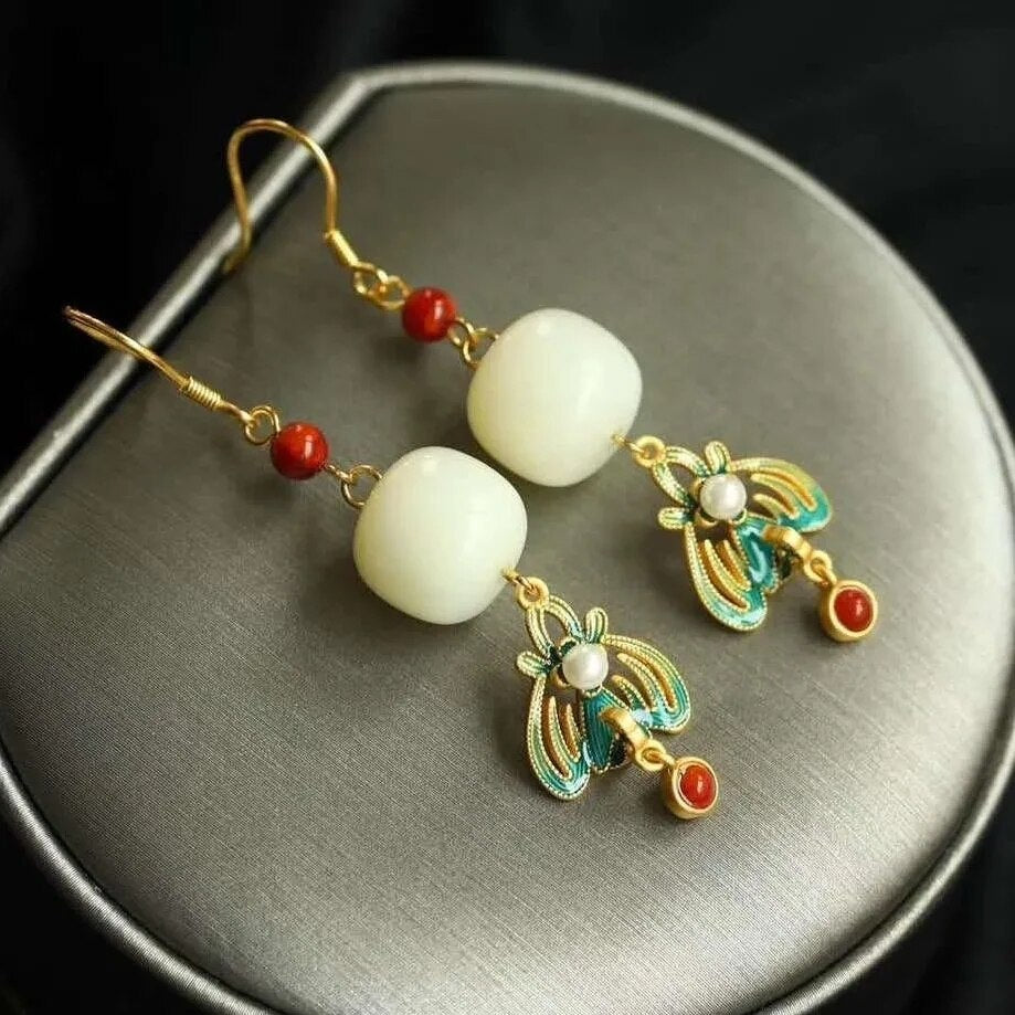 Natural Hetian  jade enamel porcelain Earrings